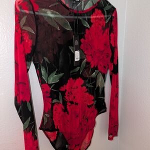 Floral Long Sleeve Bodysuit - Red and Black